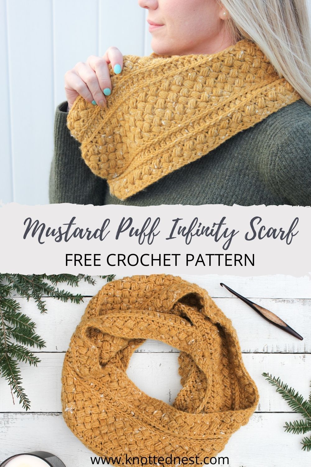 Mustard Puff Crochet Infinity Scarf Pattern - The Knotted Nest