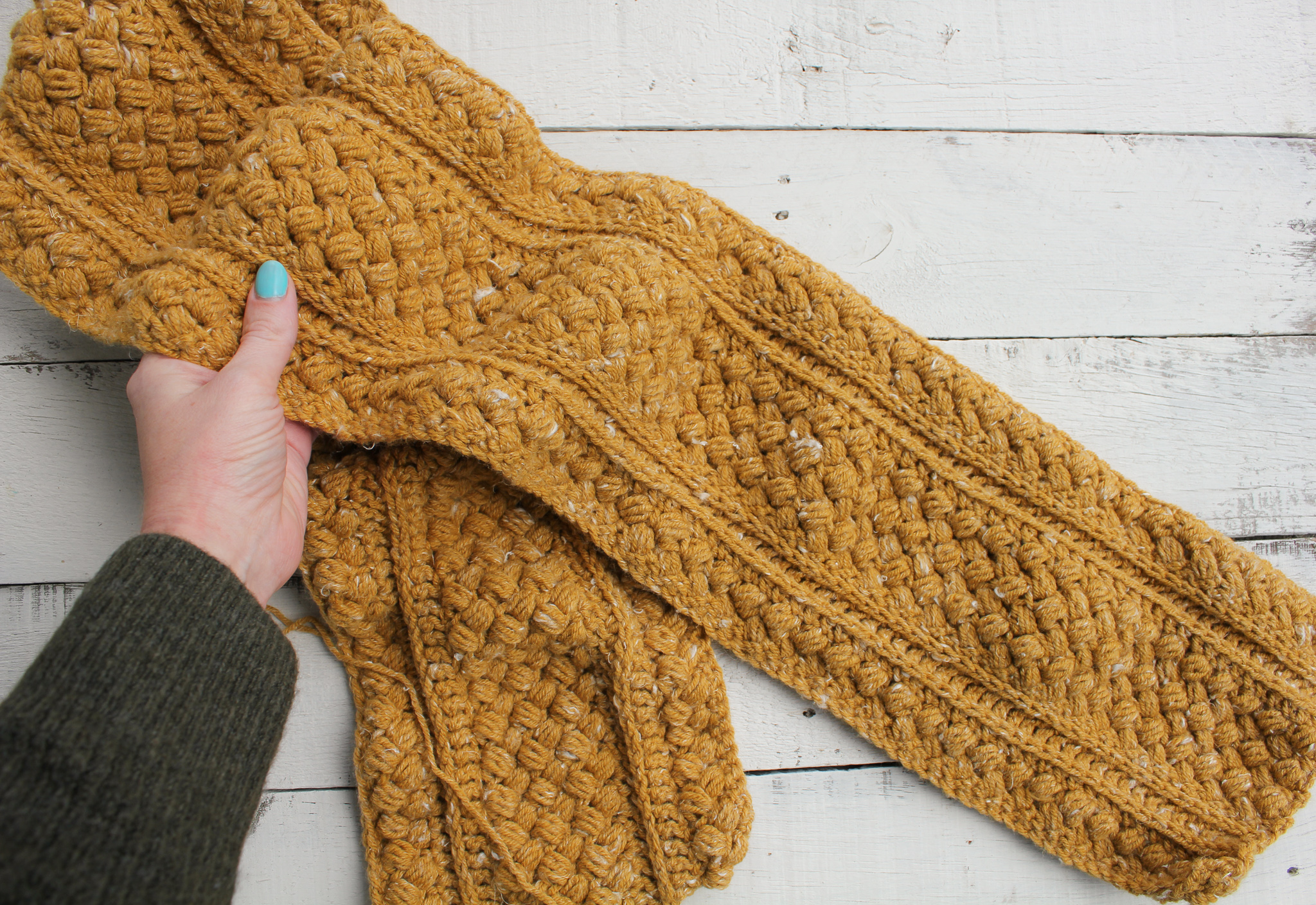Mustard Puff Crochet Infinity Scarf Pattern - The Knotted Nest
