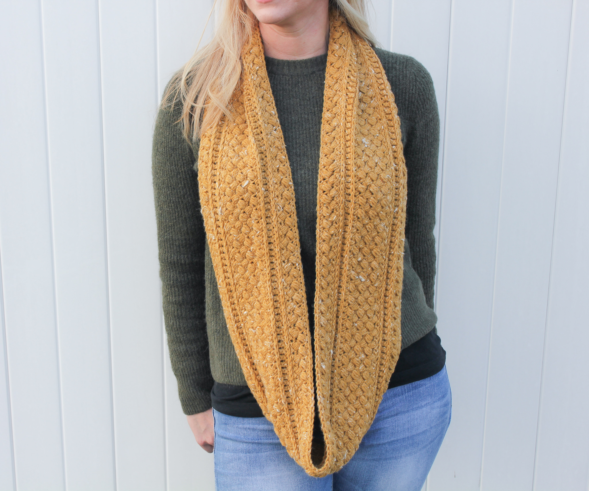 Mustard Puff Crochet Infinity Scarf Pattern - The Knotted Nest