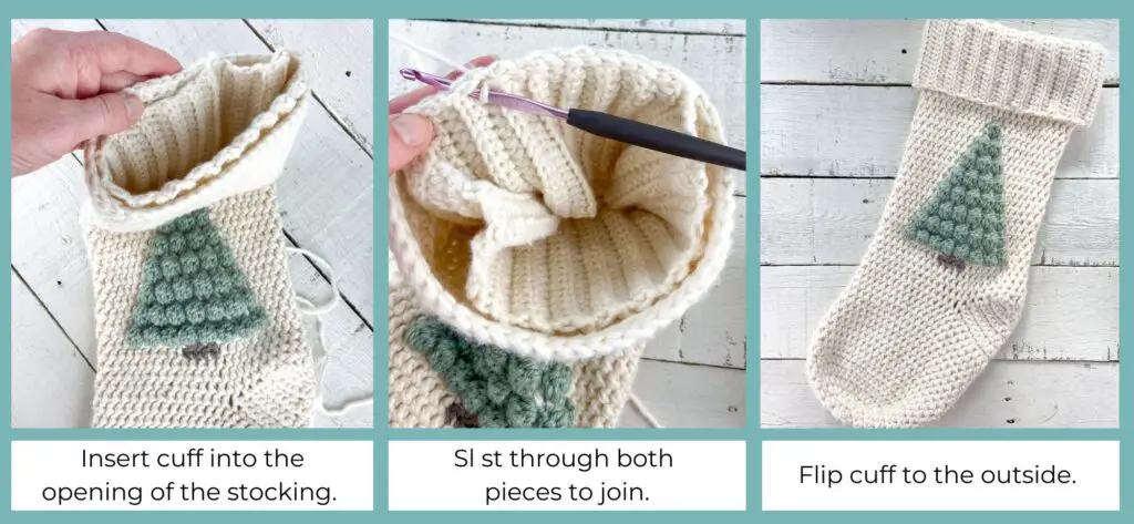 Attaching cuff to stocking with slip stitch