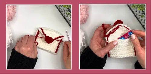 attaching valentine heart to crochet envelope and using it for valentine treats