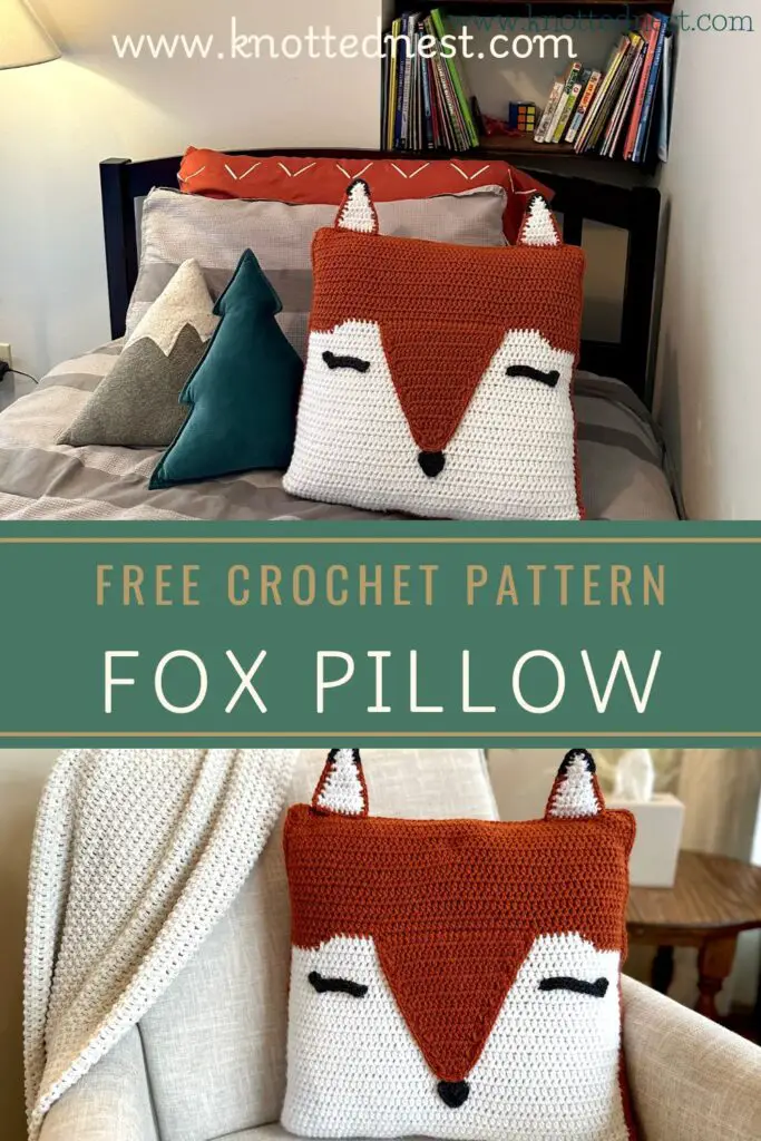 Pin image for a free crochet fox pillow pattern 