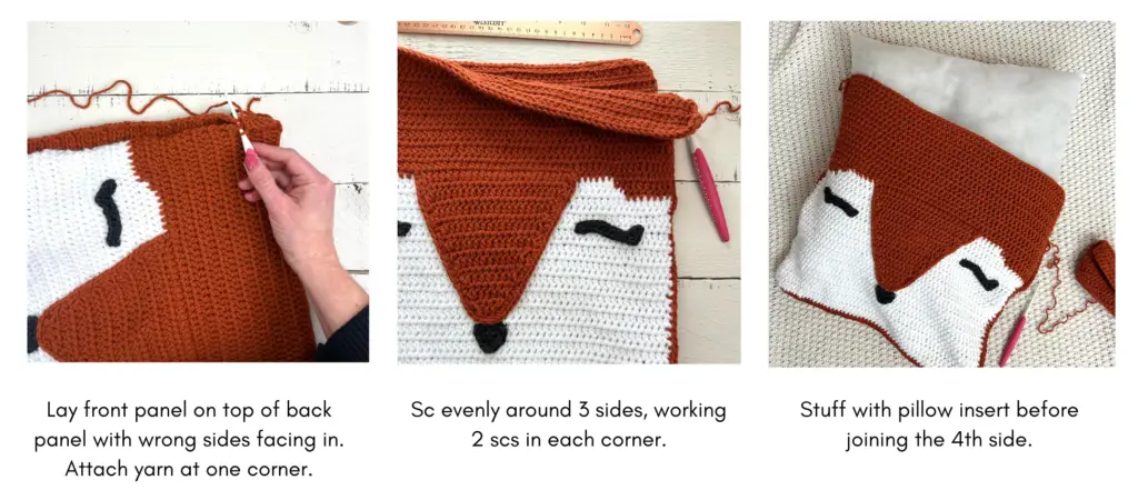 how to join the two panels of the fox pillow and stuffing the cover with the insert