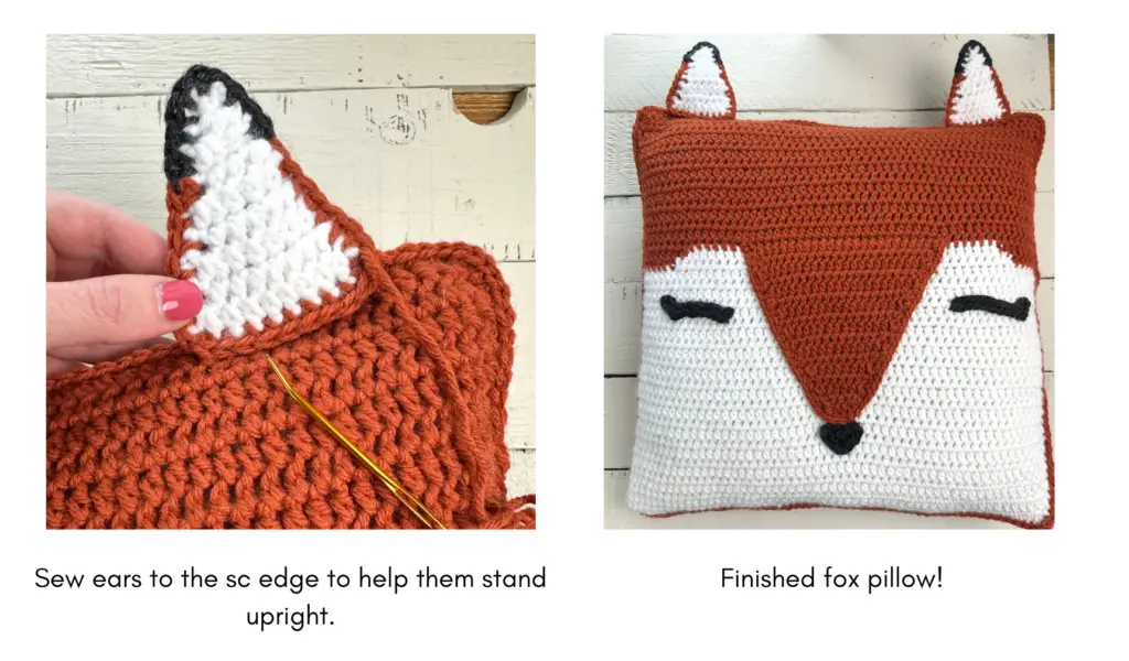attaching the fox ear and the finished crochet fox pillow