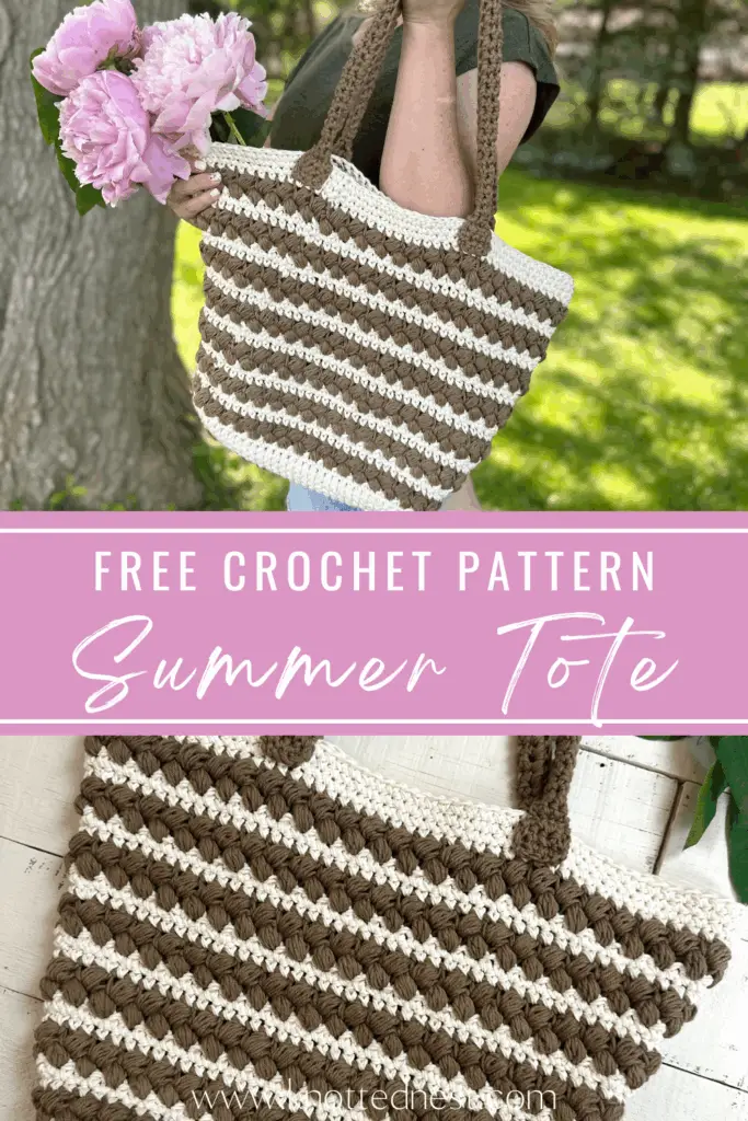 Image of a braided summer crochet tote bag and text say free crochet pattern