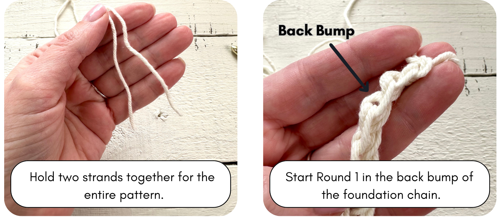 images depicting holding two strands of yarn together and how to find the back bump of the chain in crochet 