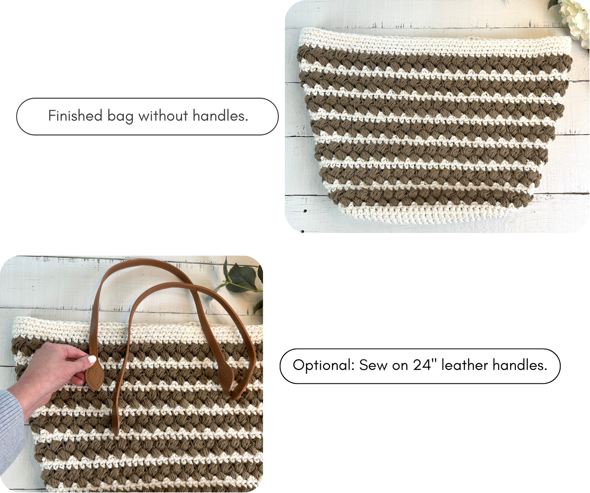 completed crochet tote bag without handles and with leather strap handles