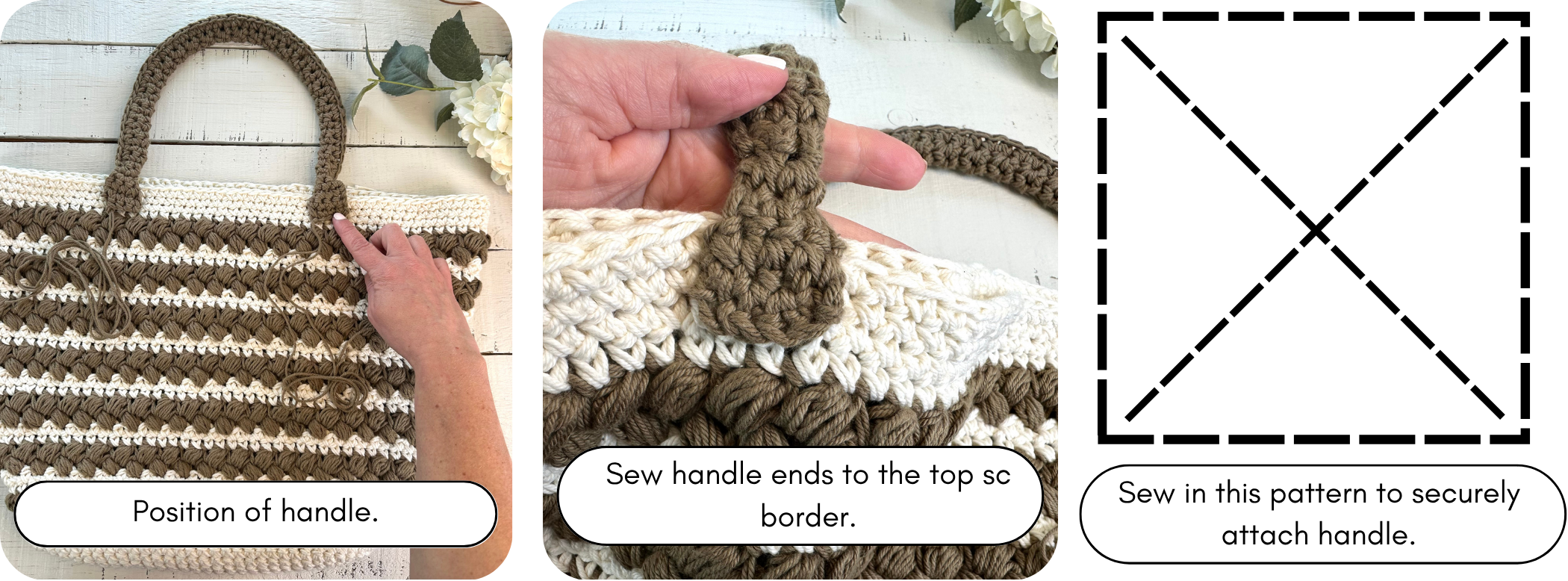 how to attach crocheted handles to the tote bag