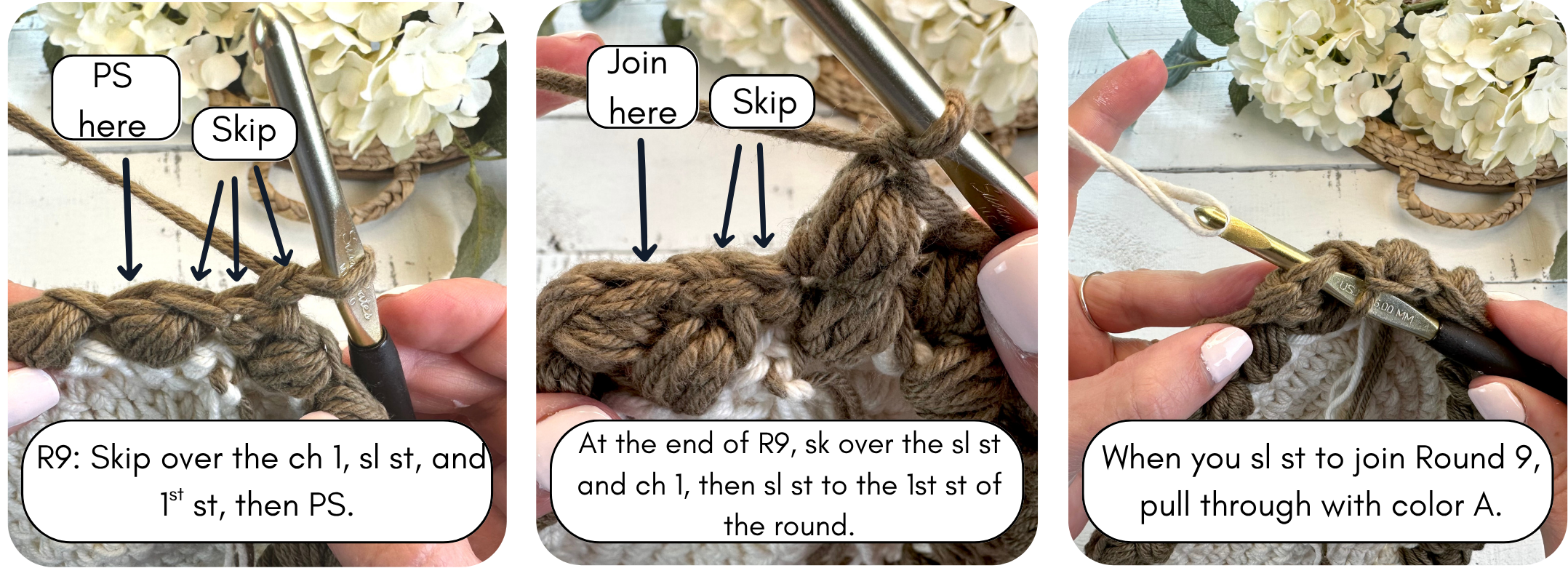 labeling which stitches should be skipped over when joining the puff stitch rounds