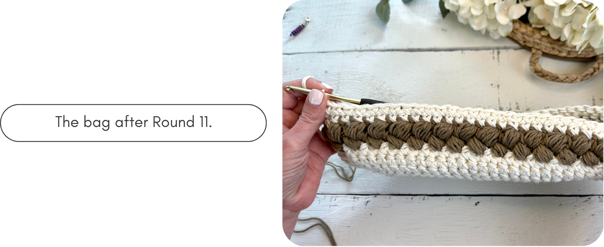 Puff stitch and single crochet rounds of the crochet tote bag