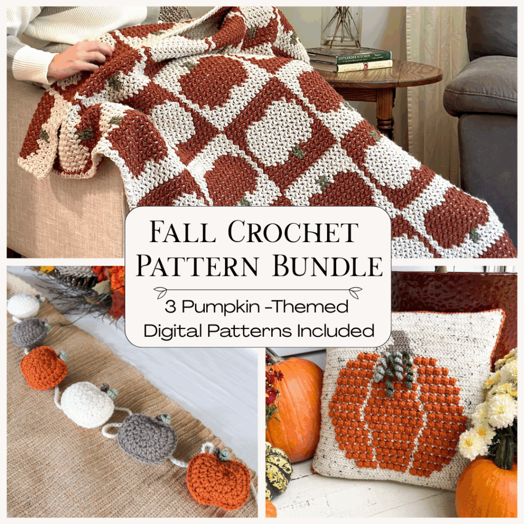image of a crocheted pumpkin blanket, a crochet bobble pumpkin pillow, and a crocheted rustic pumpkin garland