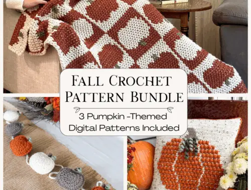 image of a crocheted pumpkin blanket, a crochet bobble pumpkin pillow, and a crocheted rustic pumpkin garland
