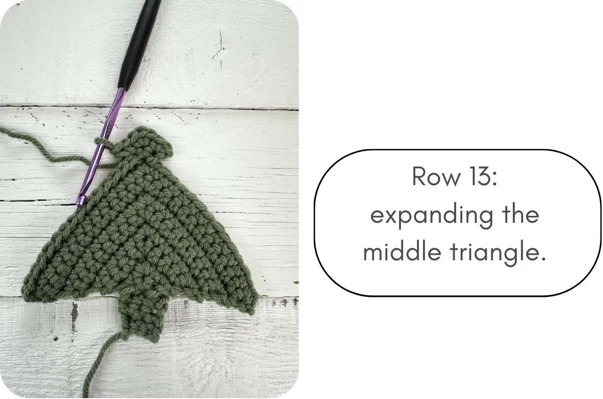 starting the middle triangle of the crochet christmas tree