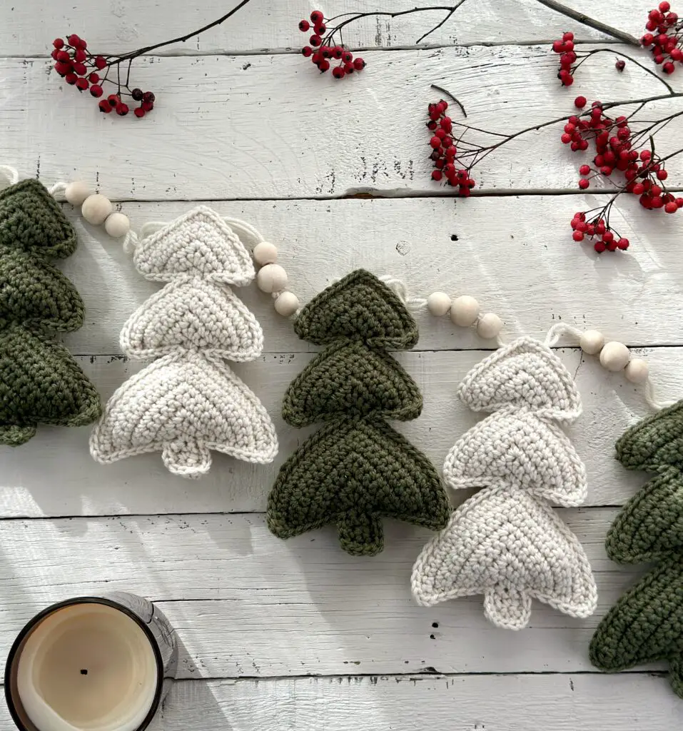 finished crochet skinny christmas tree garland