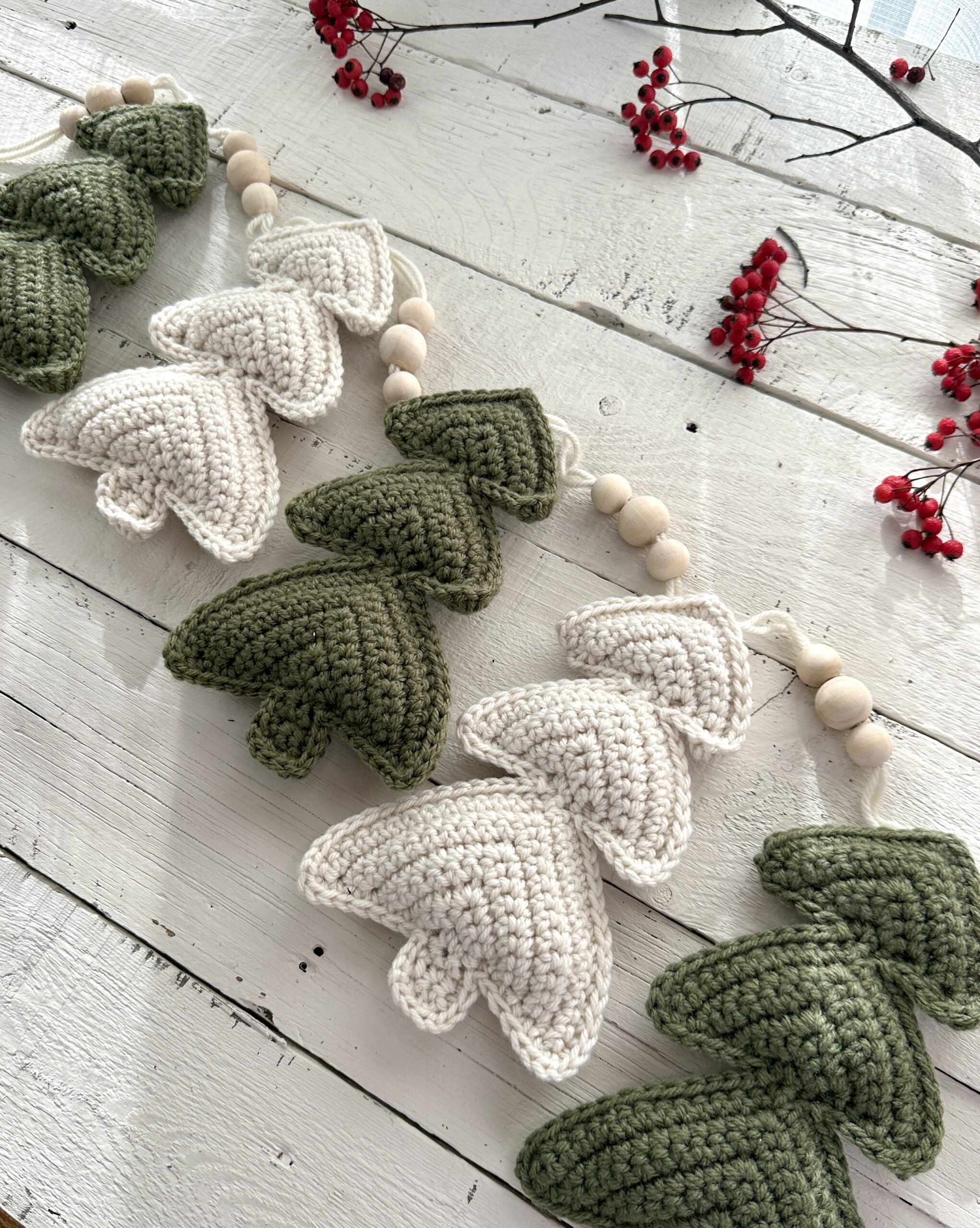 finished crochet skinny rustic christmas tree garland