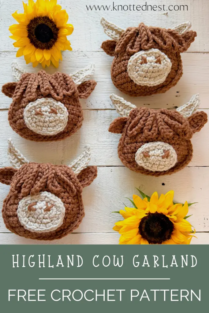small brown crochet highland cow face with yellow sunflowers